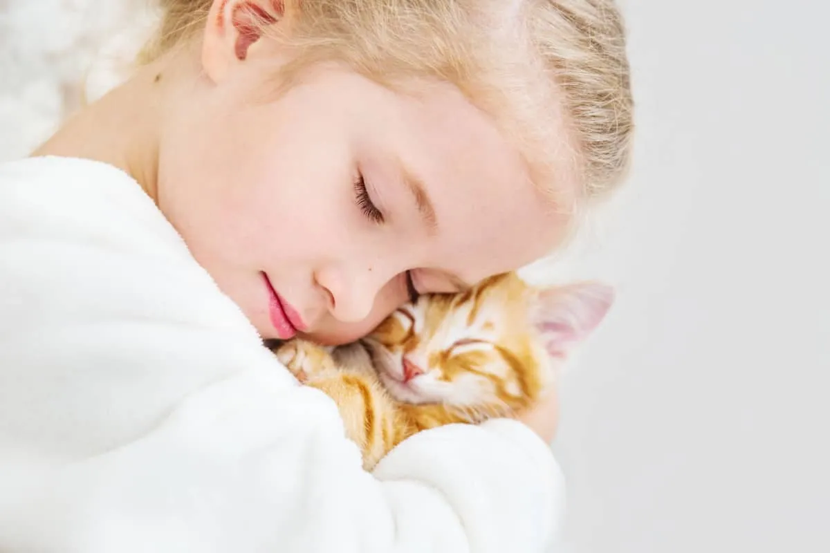 petite fille tenant un chaton - aide pendant la saison des chatons' title=
