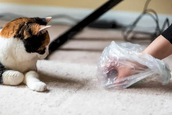 mão pegando cocô de gato