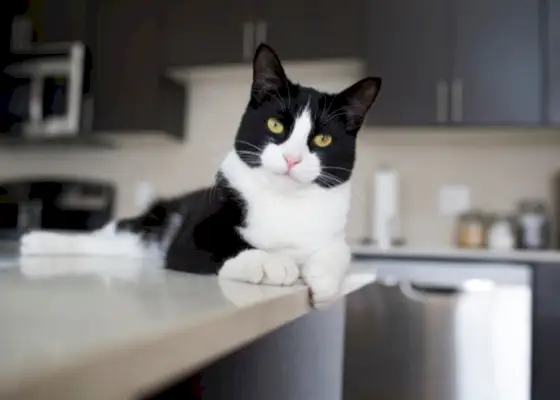 Um gato empoleirado com confiança na bancada da cozinha, exalando uma sensação de independência e curiosidade, comportamento comum entre felinos que exploram o ambiente.