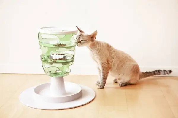 Una imagen que muestra un comedero tipo rompecabezas diseñado para gatos, que brinda estimulación mental y participación mientras el gato interactúa con el rompecabezas para acceder a su comida.