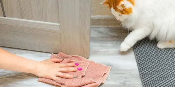 Un gato peludo observa a su dueño limpiar un charco de orina con un paño.