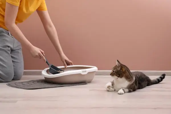 Uma imagem que retrata um gato eliminando resíduos no chão, em vez de em uma caixa sanitária.