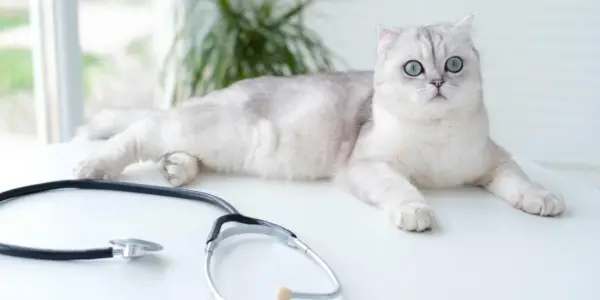 Un Scottish Fold blanco y gris tumbado sentado sobre una mesa con un estetoscopio en primer plano.