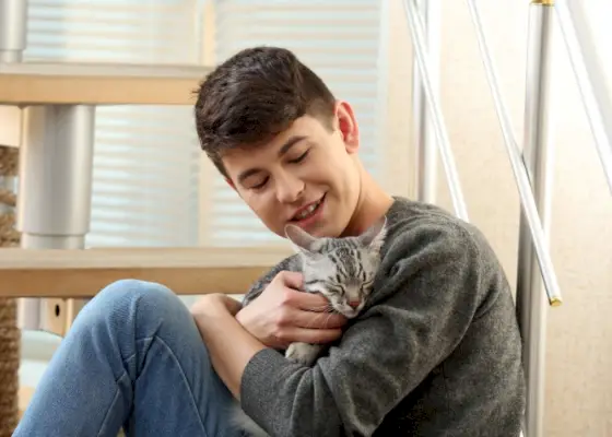 Imagen que captura un momento conmovedor en el que un niño acaricia suavemente a un gato.