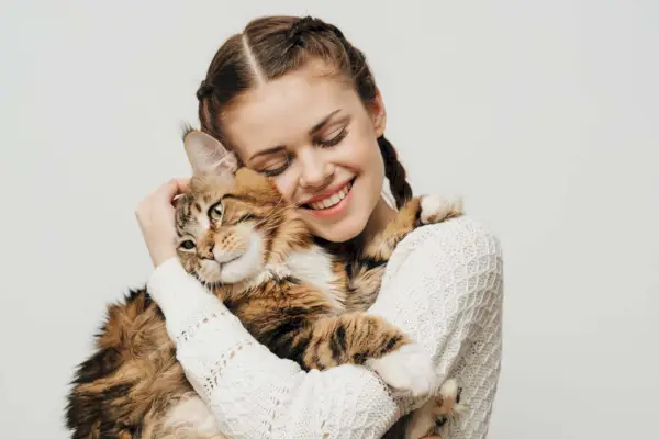 Imagen que muestra a un gato paciente siendo abrazado amorosamente por su dueño, destacando un tierno momento de conexión y afecto entre humanos y animales.