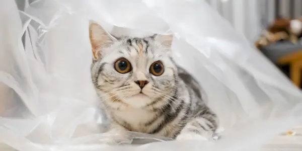 Giocoso gatto scozzese dritto tabby argento che esplora un sacchetto di plastica trasparente.