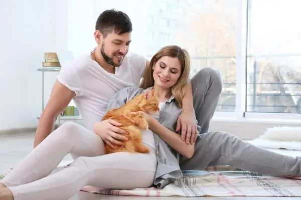 Imagem mostrando uma conexão emocionante entre um gato e um casal, simbolizando o carinho, o conforto e a alegria compartilhados que os animais de estimação podem trazer para uma parceria.