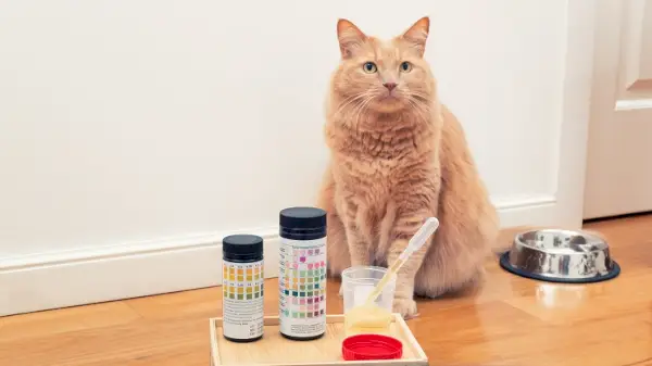 gatto seduto davanti a un kit per l'analisi delle urine