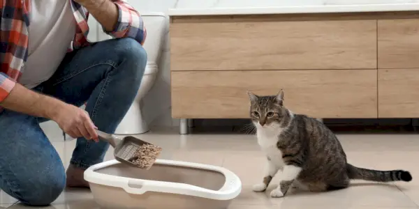 L’image met en contraste un bac à litière dégageant une odeur avec un bac à litière propre et frais, soulignant l’importance de maintenir un environnement hygiénique pour les chats.