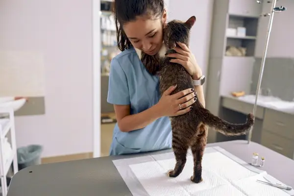 Katt som omfamnar veterinären med tassar på hennes axlar på undersökningsbordet