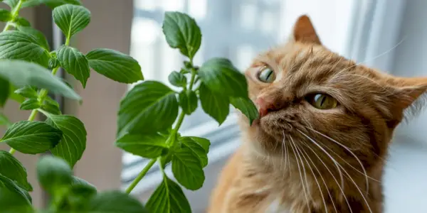 Charmant beeld dat de speelse nieuwsgierigheid van katten vastlegt terwijl ze aan basilicumblaadjes knabbelen