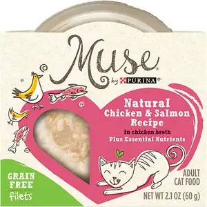 Purina Muse natūralūs filė be grūdų drėgno kačių maisto padėklai, vištienos ir lašišos receptas vištienos sultinyje