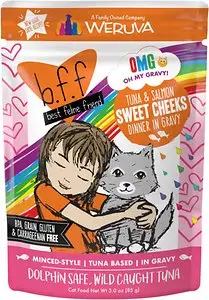 BFF OMG Jantar com bochechas doces de atum e salmão em bolsas de comida úmida para gatos com molho