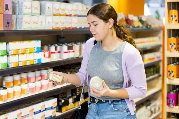 Femme faisant du shopping dans l'allée des aliments pour animaux