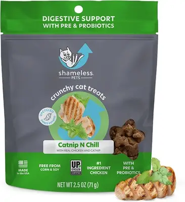 Shameless Pets Digestive Health Gâteries croquantes au poulet et à l'herbe à chat pour chats