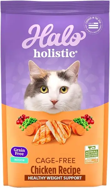 Halo Holistic Rezept für Huhn und Hühnerleber, getreidefreies, gesundes Katzentrockenfutter für Katzen im Innenbereich