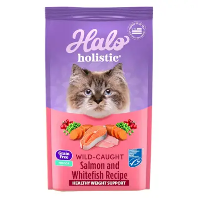 Halo Holistic Indoor-Katzenfutter, trockenes, getreidefreies Rezept für wild gefangenen Lachs und Felchen