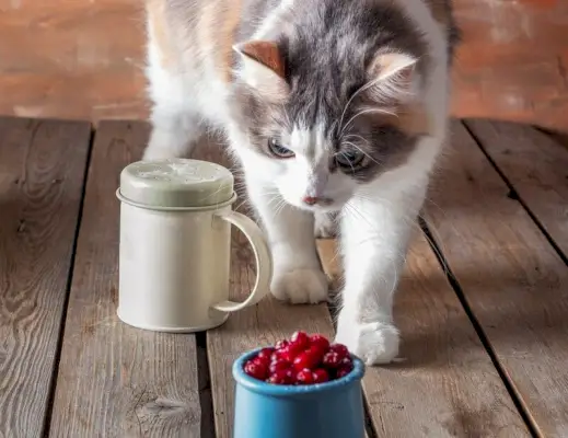 Katze will Preiselbeeren essen