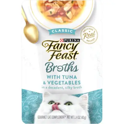 참치와 야채를 곁들인 Fancy Feast Classic Broths 보충 습식 고양이 사료 파우치