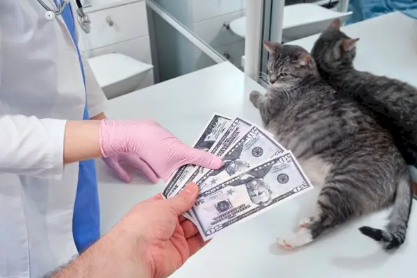 Tierarzt in einer Klinik zur Behandlung einer Katze, Geld in der Hand