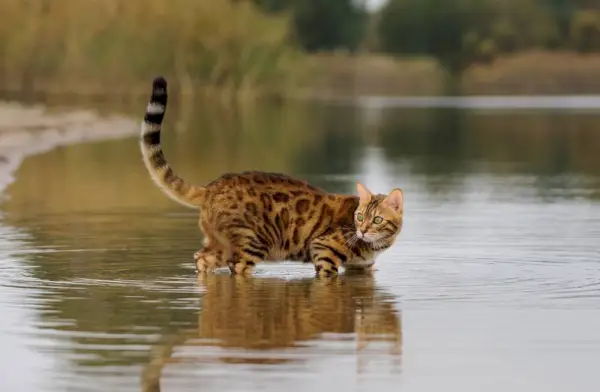 denizde yüzmek üzere olan bir bengal kedisi