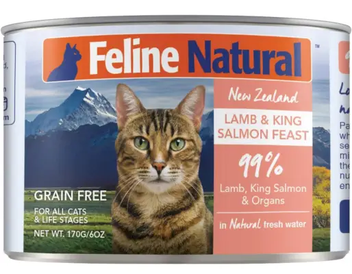 Feline Natural Comida enlatada para gatos, cordeiro e salmão sem BPA e sem gelatina