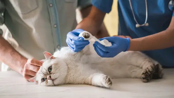 Der niedlichen Katze wird vom Tierarzt die Pfote verbunden