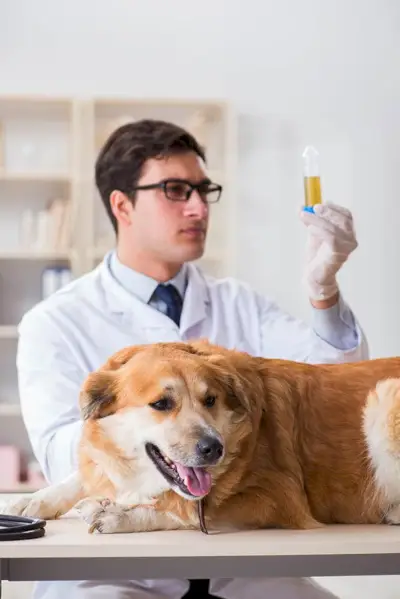 Tierarzt untersucht die Urinprobe eines Golden Retrievers