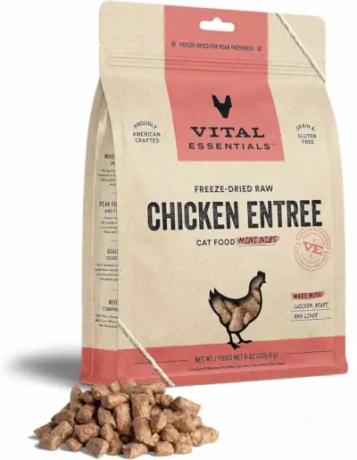 Vital Essentials Comida de gato com entrada de frango Mini Nibs Comida de gato crua liofilizada sem grãos