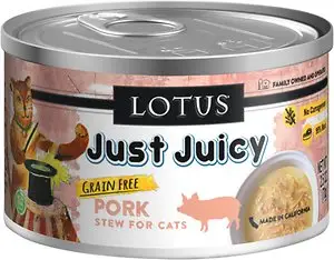 Lotus Just Juicy Pork Stew, getreidefreies Katzenfutter in Dosen