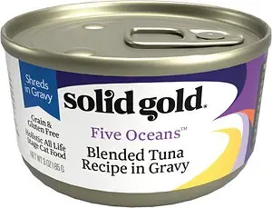 Solid Gold Five Oceans Shreds con receta de atún real en salsa Comida enlatada para gatos sin cereales