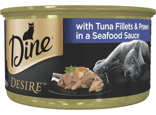 DINE DESIRE Adult Cibo umido per gatti senza cereali Tonno e gamberi in salsa di frutti di mare